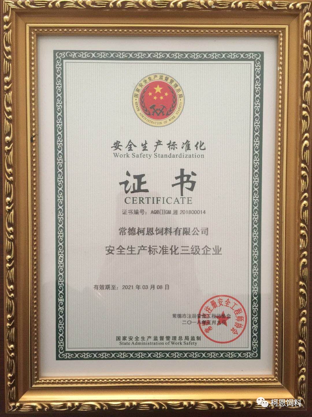 常德公司榮獲安全生產(chǎn)標(biāo)準(zhǔn)化三級(jí)企業(yè)